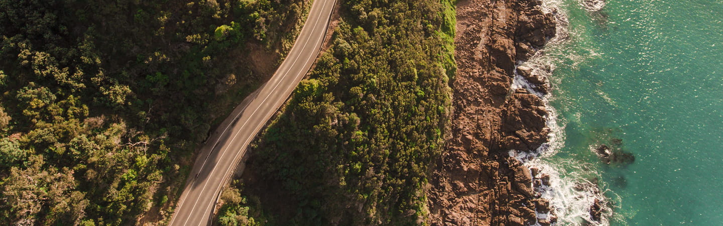 Aerial view of road along the ocean and bushland