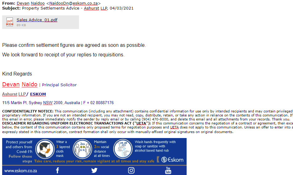 Example of a fraudulent email